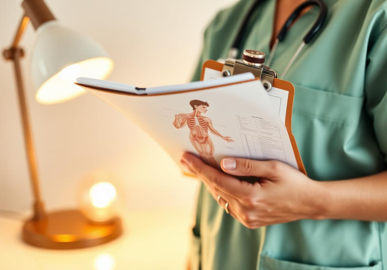 Lekarz analizujący kartę pacjenta z diagramem anatomicznym